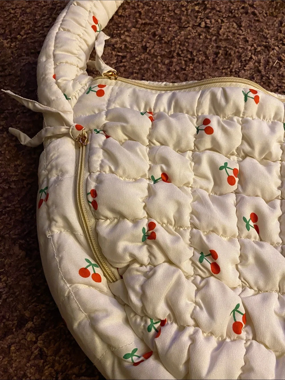 Cream Quilted Cherry-Print Shoulder Bag